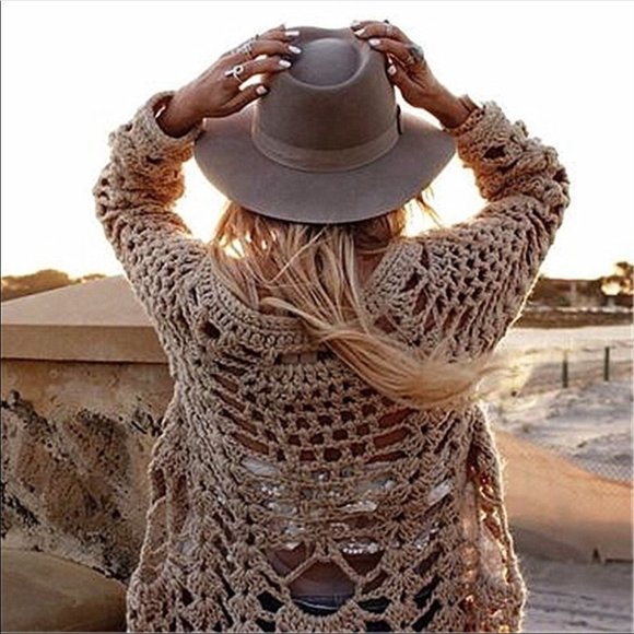 Sweaters - OFM HAND-KNIT DUSTER Open-Stitch w LARGE-TASSLE-TIES
